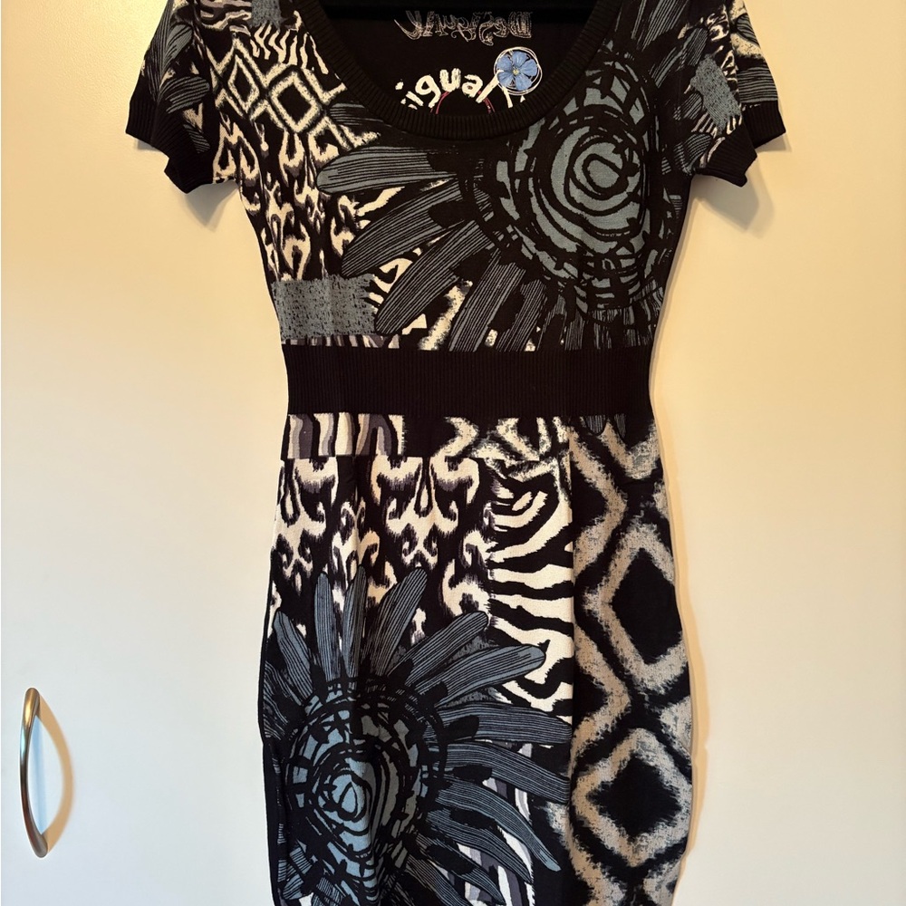 Desigual Black White Gray Graphic Floral-Geo Mini Dress